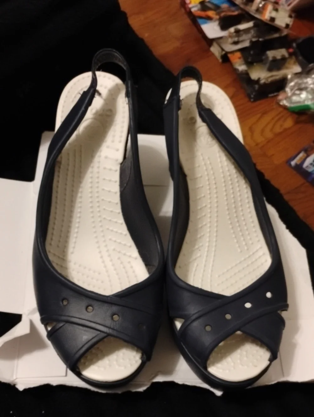 CROCS NAVY BLUE PEEP TOE SLING BACK WEDGE SANDALS EXCELLENT CONDITION